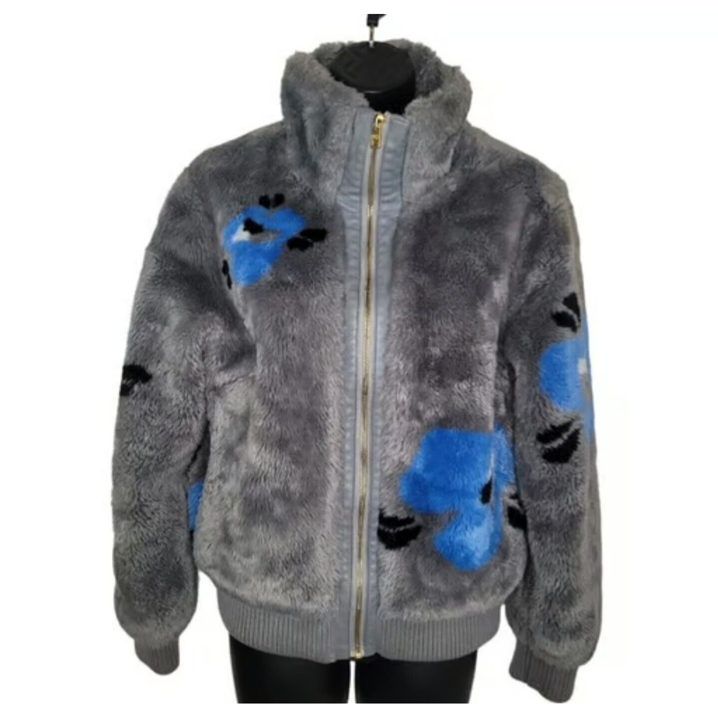 Brand New Andrew Marc Faux Fur Grey/Blue Floral Coat Bomber Jacket Xl Nwt Nice!!